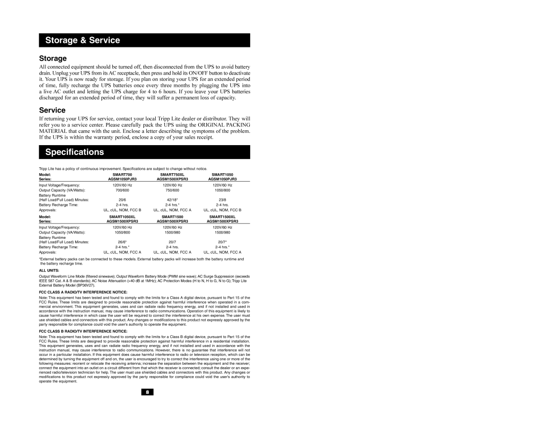 Tripp Lite AGSM1050PJR3, AGSM1500XPSR3, SMART1500XL, SMART1050XL owner manual Storage, Service 
