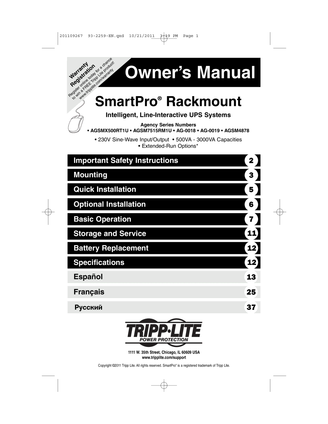 Tripp Lite AGSM7515RM1U, AGSM4878 owner manual Intelligent, Line-Interactive UPS Systems, Th Street, Chicago, IL 60609 USA 