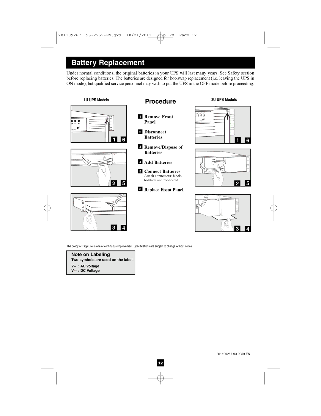 Tripp Lite AGSM4878, AGSMX500RT1U, AGSM7515RM1U, AG-0019, AG-0018 owner manual Procedure, 1U UPS Models, 2U UPS Models 