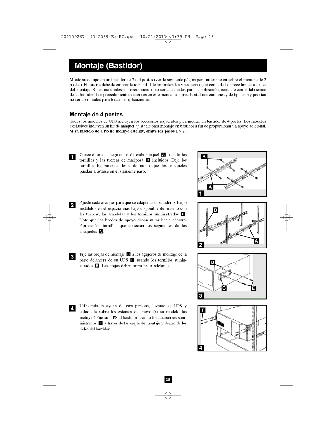 Tripp Lite AGSMX500RT1U, AGSM7515RM1U, AGSM4878, AG-0019, AG-0018 owner manual Montaje Bastidor, Montaje de 4 postes 