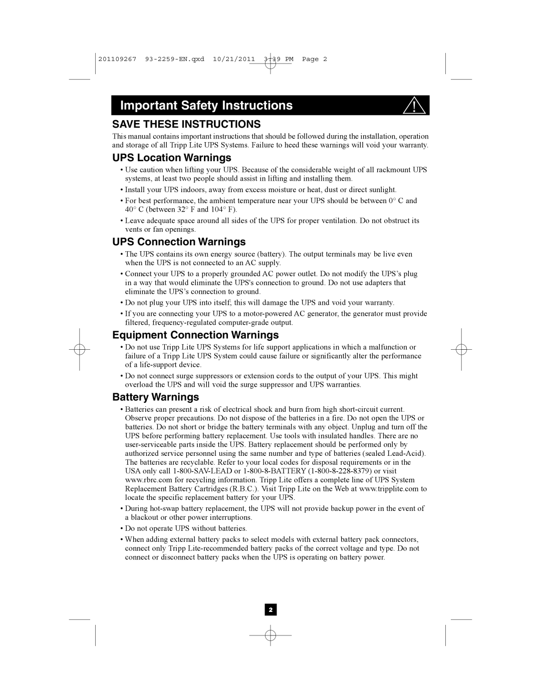 Tripp Lite AGSM4878 Important Safety Instructions, UPS Location Warnings, UPS Connection Warnings, Battery Warnings 