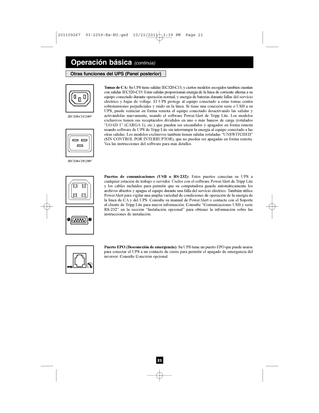 Tripp Lite AGSM7515RM1U, AGSMX500RT1U, AGSM4878, AG-0019, AG-0018 owner manual Otras funciones del UPS Panel posterior 