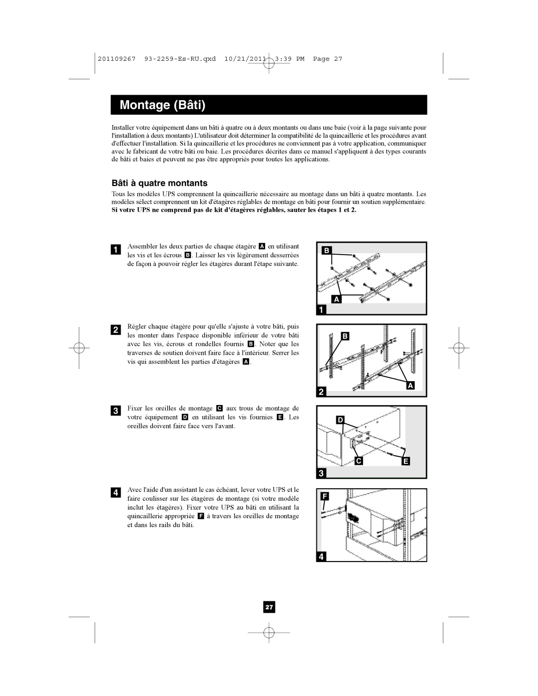 Tripp Lite AGSM4878, AGSMX500RT1U, AGSM7515RM1U, AG-0019, AG-0018 owner manual Montage Bâti, Bâti à quatre montants 