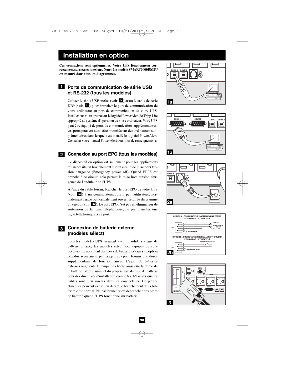 Tripp Lite AGSMX500RT1U, AGSM7515RM1U Connexion au port EPO tous les modèles, Connexion de batterie externe modèles sélect 