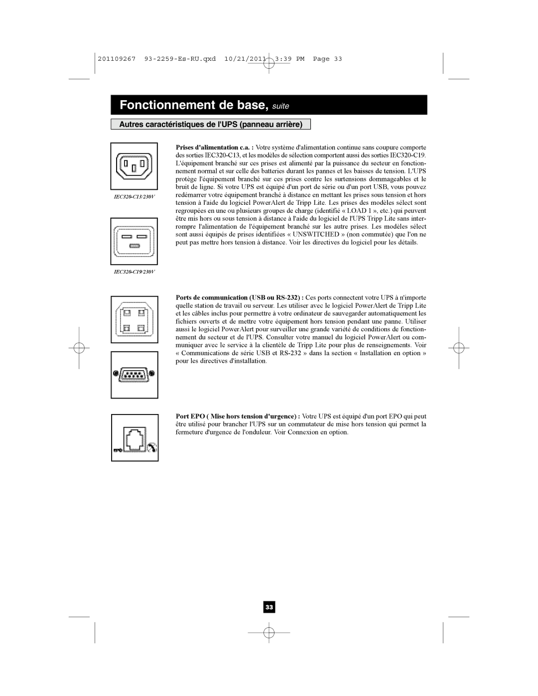 Tripp Lite AG-0019, AGSMX500RT1U, AGSM7515RM1U, AGSM4878, AG-0018 owner manual Autres caractéristiques de lUPS panneau arrière 