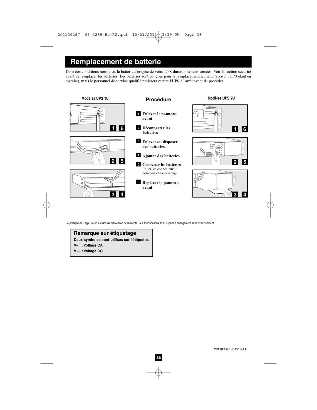 Tripp Lite AGSM7515RM1U, AGSMX500RT1U, AGSM4878, AG-0019, AG-0018 Procédure, Remarque sur étiquetage, Modèles UPS 2U 