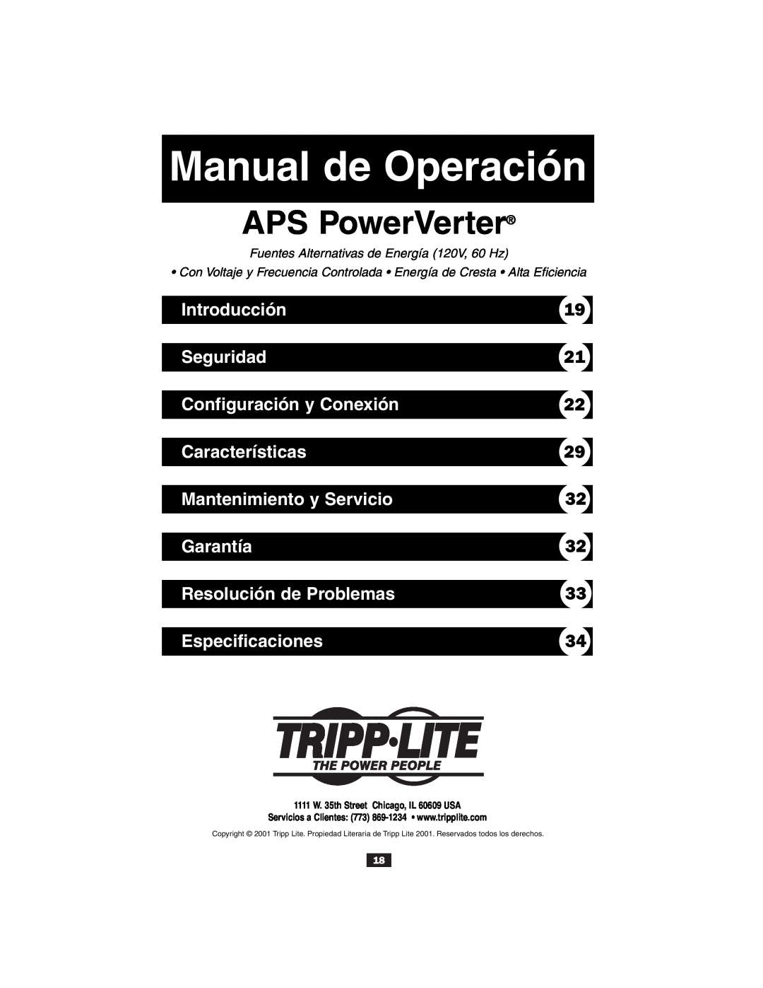 Tripp Lite Alternative Power Source Introducción, Seguridad, Configuración y Conexión, Características, Garantía 