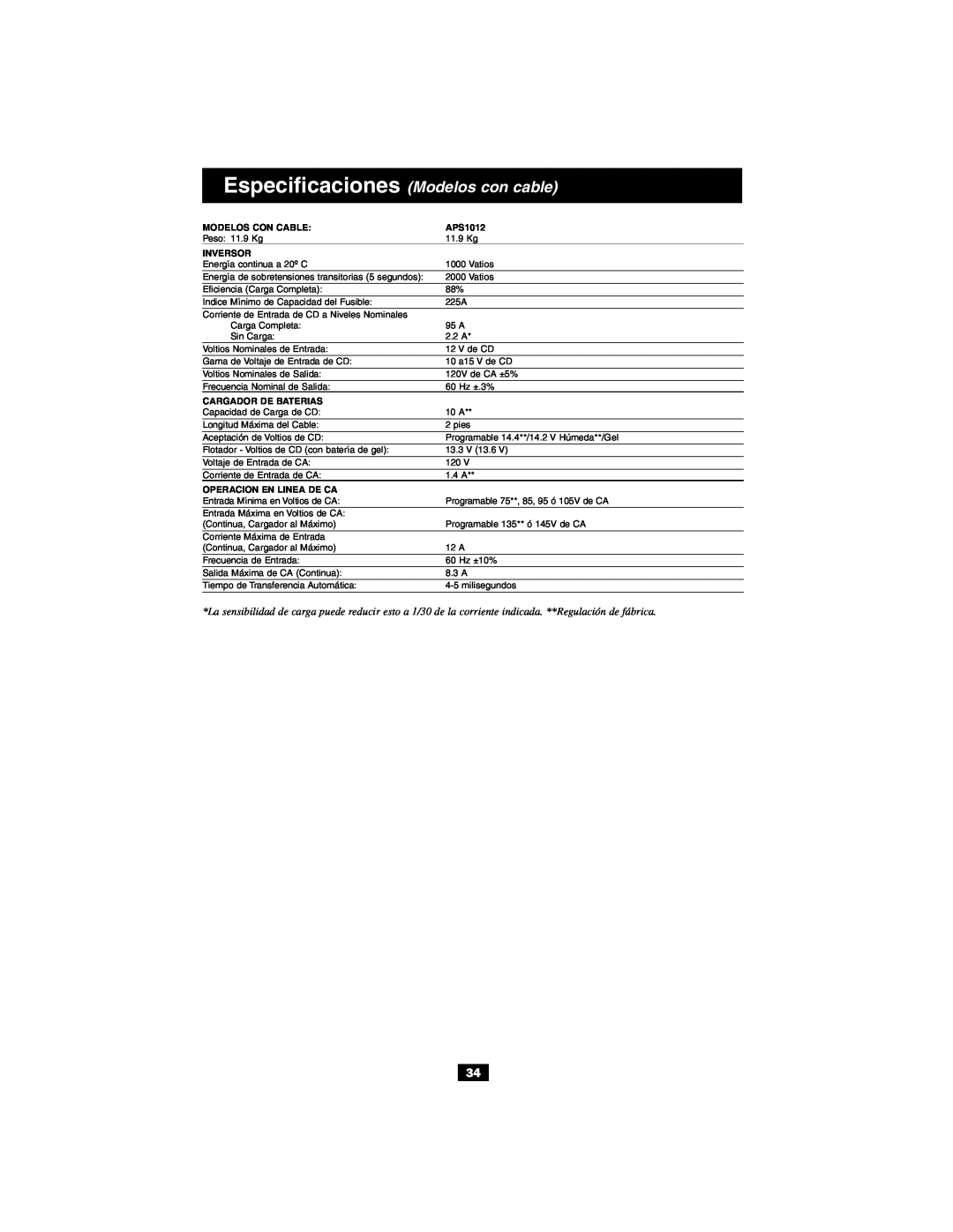 Tripp Lite Alternative Power Source owner manual Especificaciones Modelos con cable, Modelos Con Cable, APS1012, Inversor 