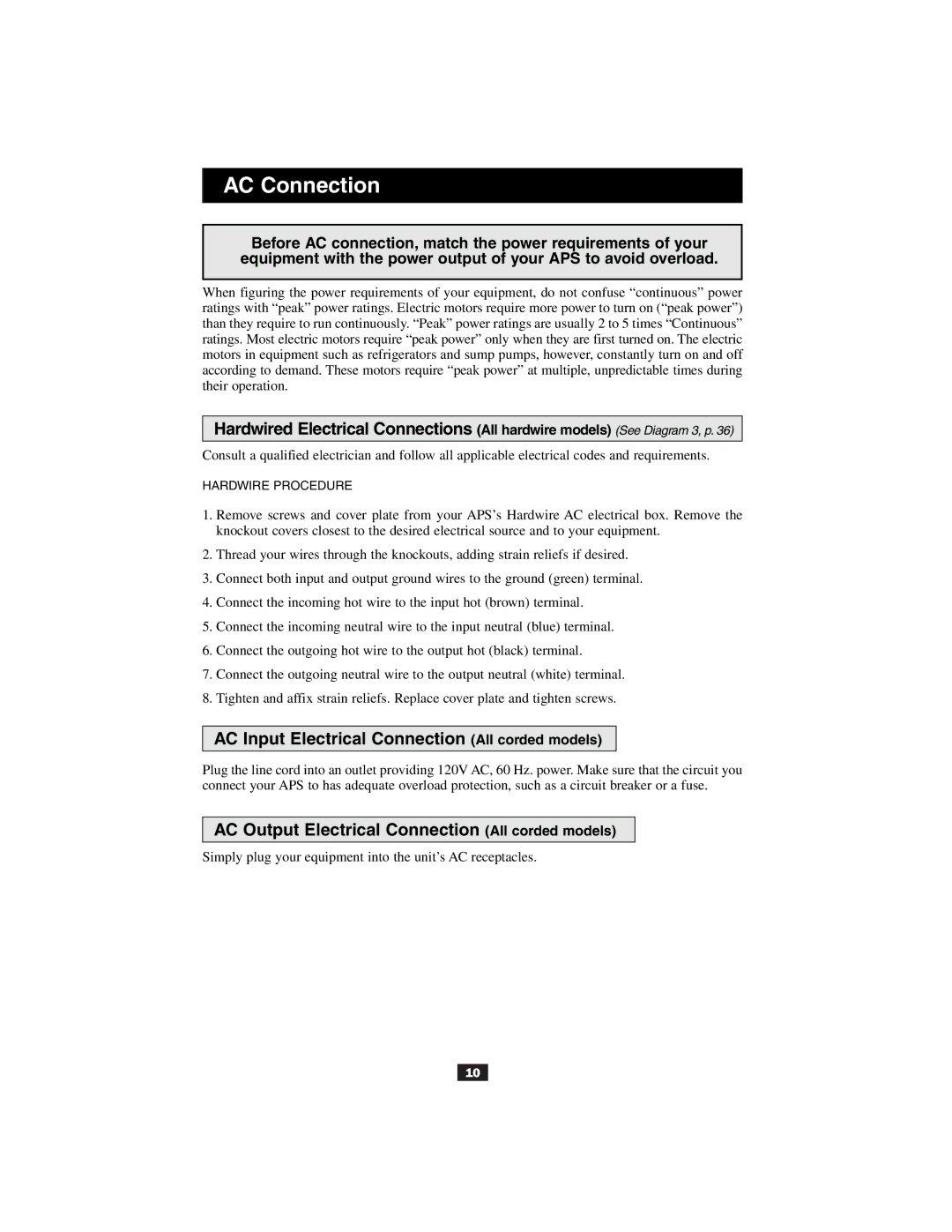 Tripp Lite Alternative Power Source owner manual AC Connection, AC Input Electrical Connection All corded models 