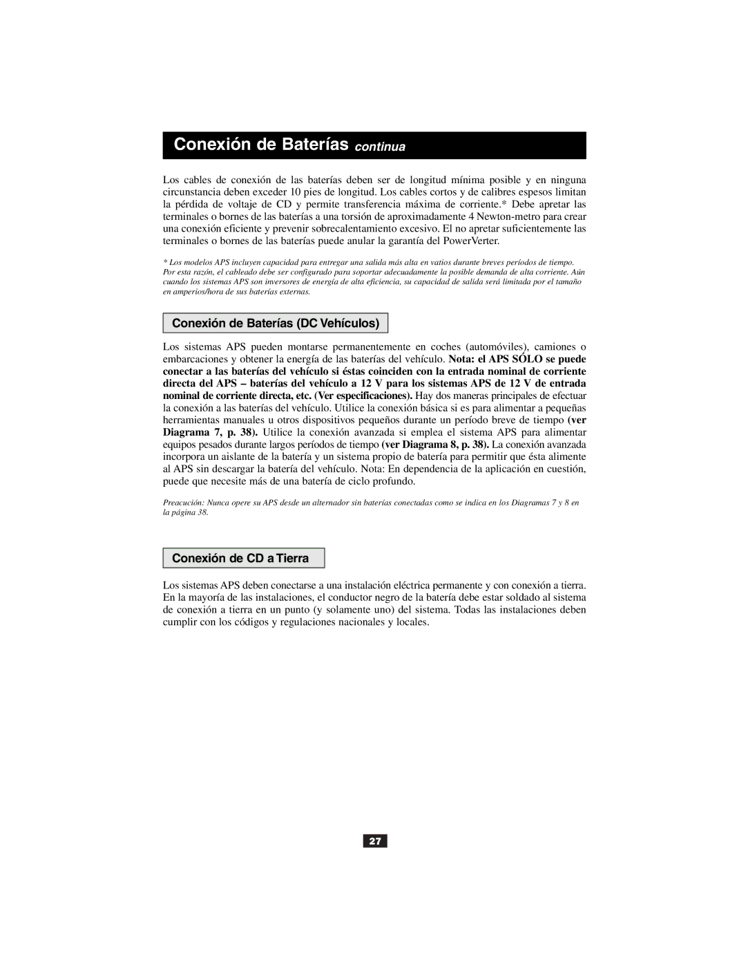 Tripp Lite Alternative Power Source owner manual Conexión de Baterías continua, Conexión de Baterías DC Vehículos 