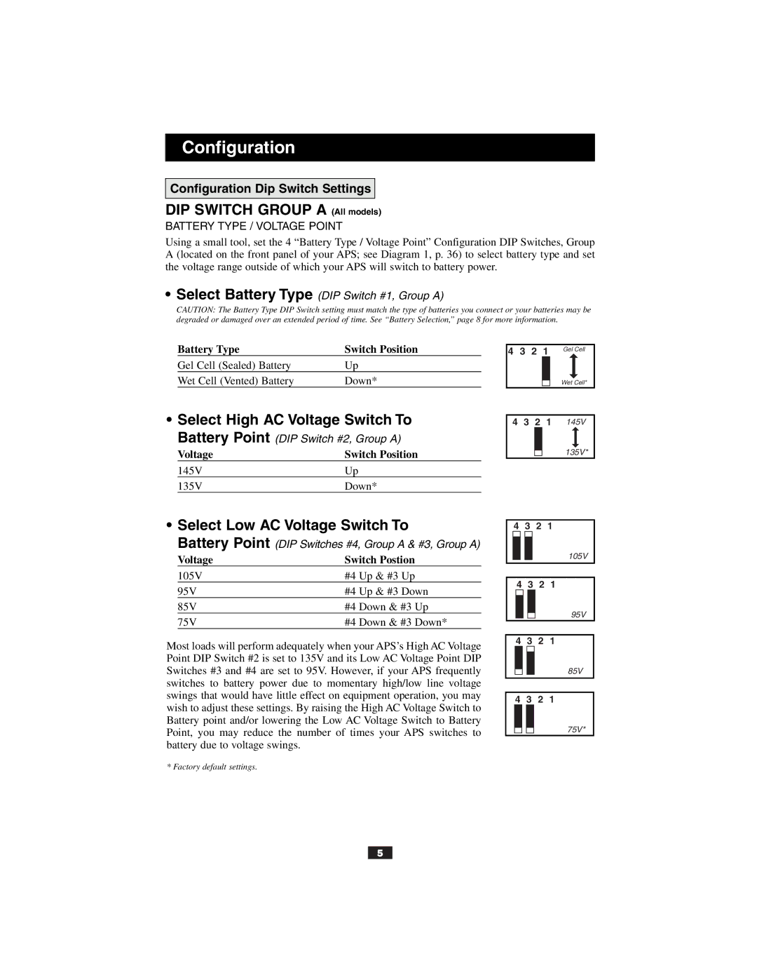 Tripp Lite Alternative Power Source owner manual Configuration Dip Switch Settings 