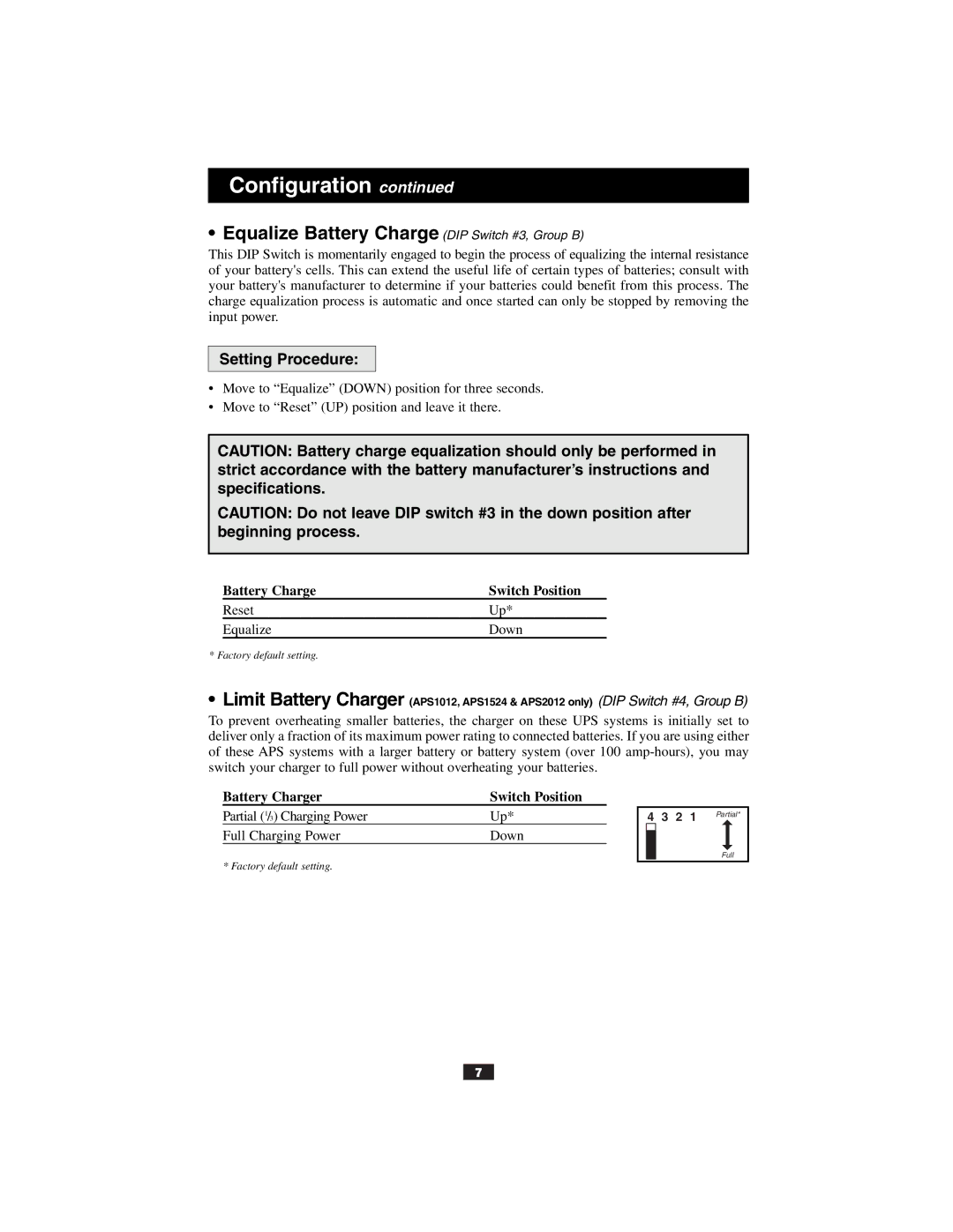 Tripp Lite Alternative Power Source owner manual Equalize Battery Charge DIP Switch #3, Group B, Setting Procedure 