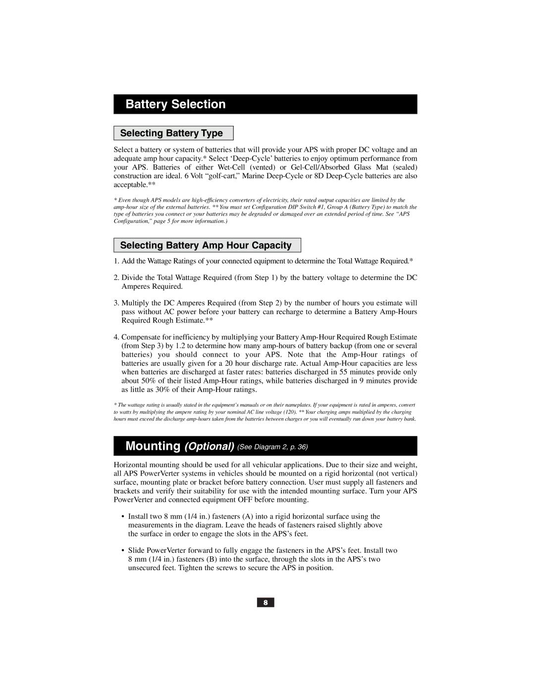 Tripp Lite Alternative Power Source Battery Selection, Selecting Battery Type, Selecting Battery Amp Hour Capacity 