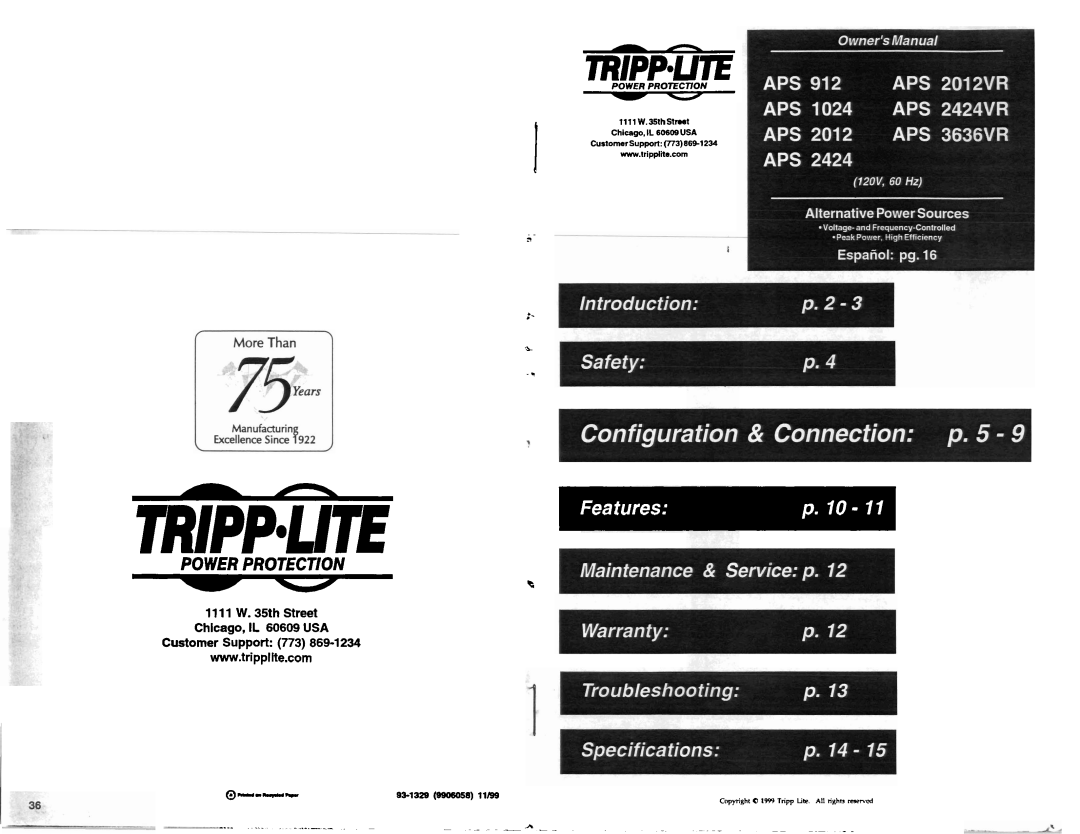 Tripp Lite APS 2424VR manual ~ pPOWERPPROTECTIONa M i E, 1111 W. 35th Street Chicago, IL 60609 USA Customer Support 