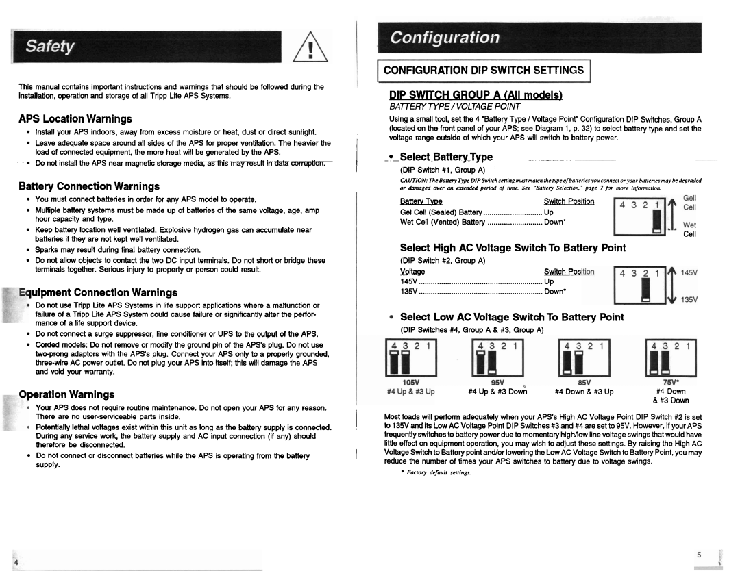 Tripp Lite APS 2012VR, APS 2424VR, APS 1024 manual Configuration DIP Switch Settings 