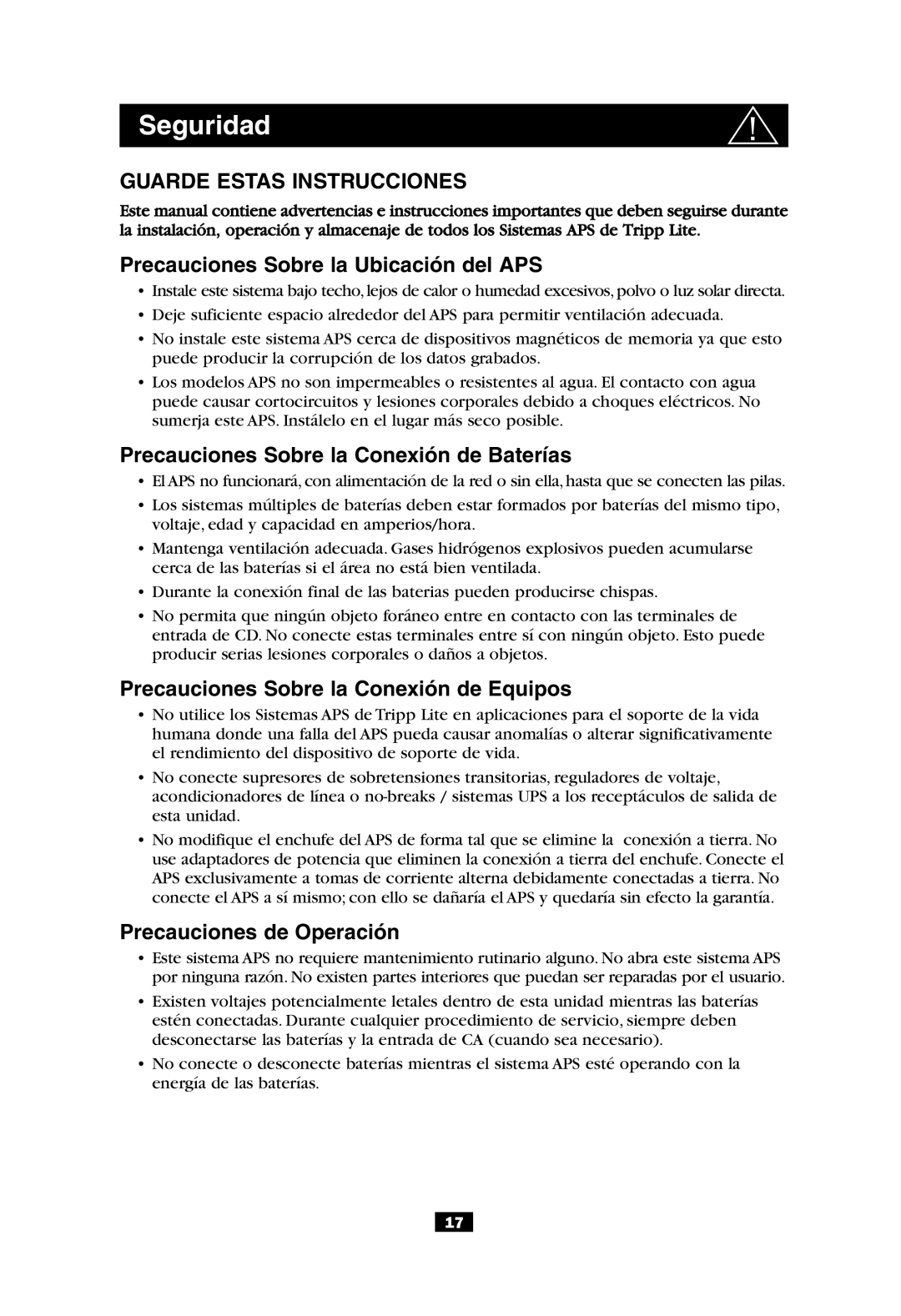 Tripp Lite APS 612 owner manual Precauciones Sobre la Ubicación del APS, Precauciones Sobre la Conexión de Baterías 