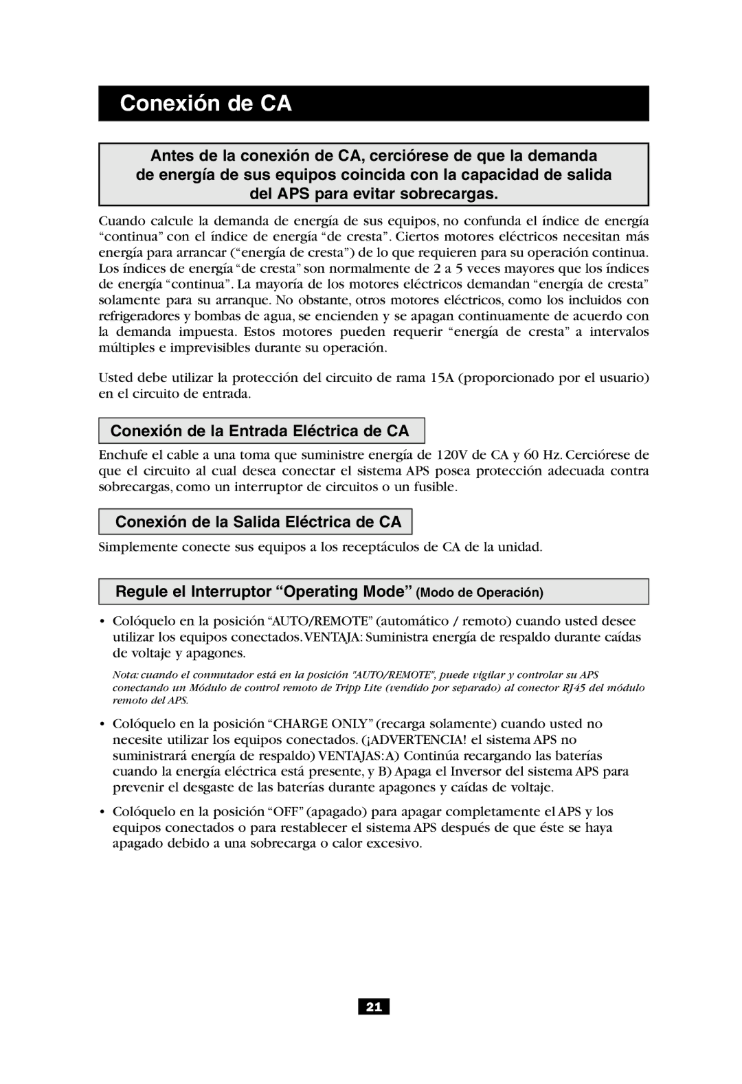 Tripp Lite APS 612 Conexión de CA, Conexión de la Entrada Eléctrica de CA, Conexión de la Salida Eléctrica de CA 