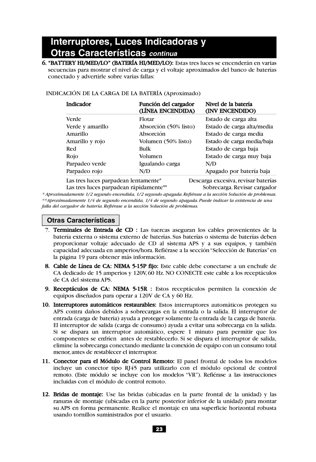 Tripp Lite APS 612 owner manual Otras Características, Línea Encendida INV Encendido 