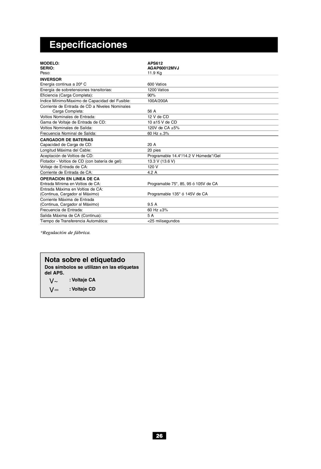 Tripp Lite APS 612 owner manual Nota sobre el etiquetado, Inversor 