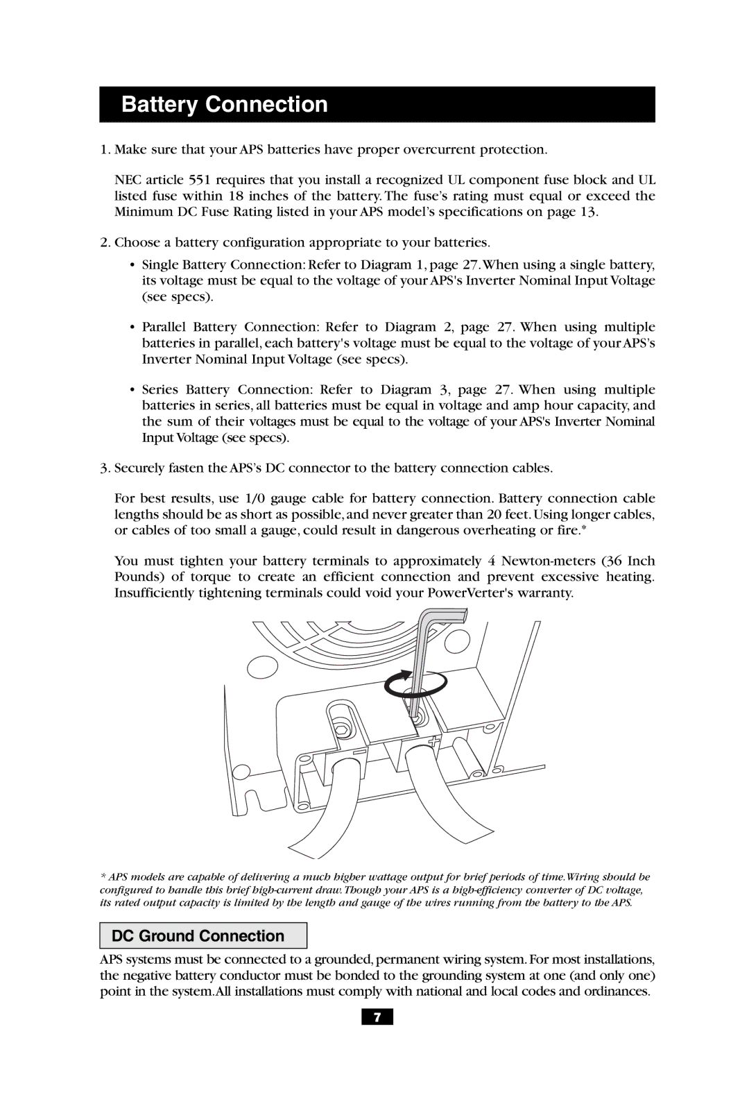 Tripp Lite APS 612 owner manual Battery Connection, DC Ground Connection 