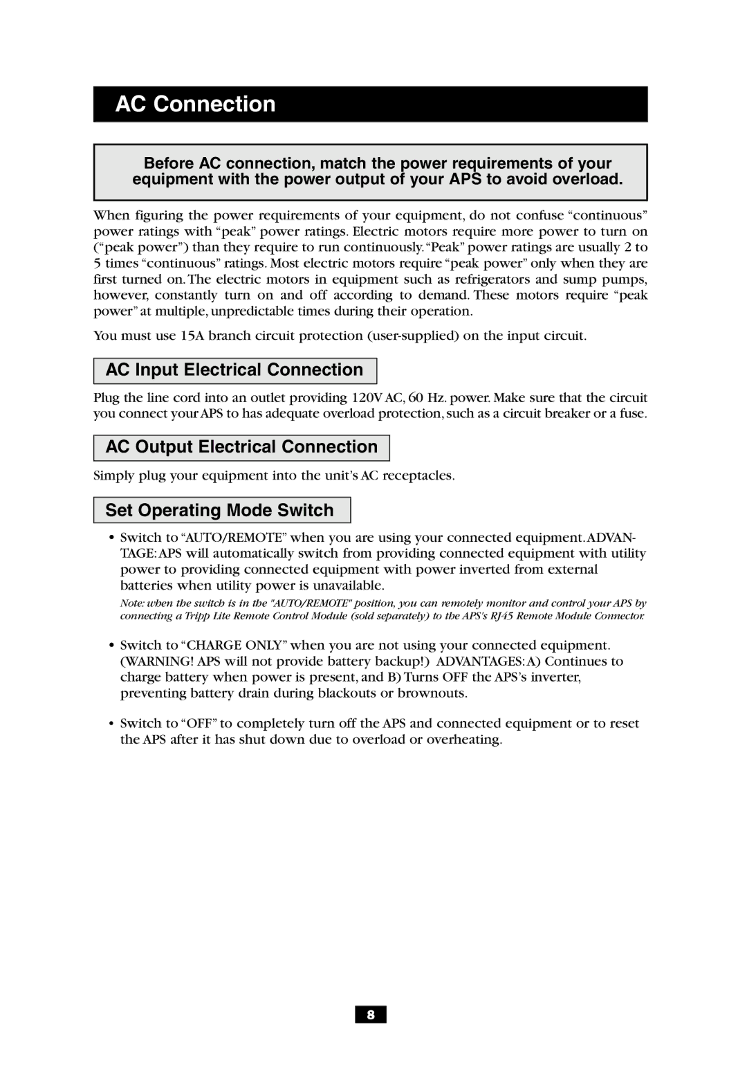 Tripp Lite APS 612 owner manual AC Connection, AC Input Electrical Connection, AC Output Electrical Connection 