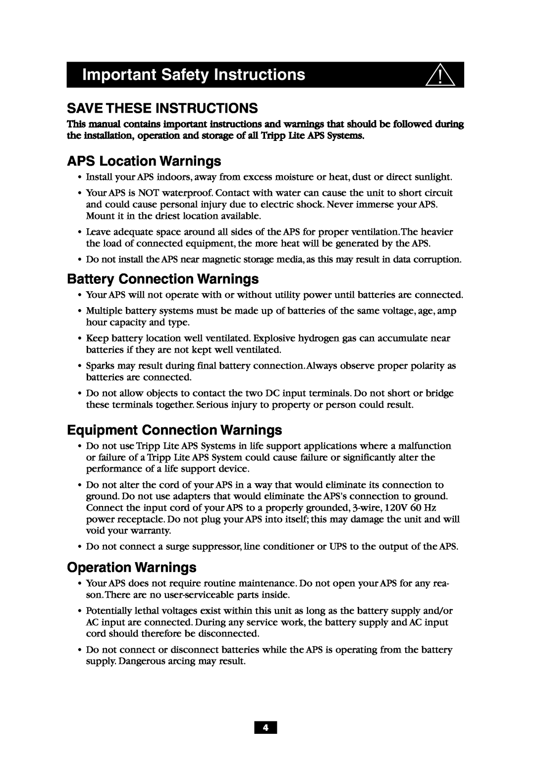 Tripp Lite APS 612 Save These Instructions, APS Location Warnings, Battery Connection Warnings, Operation Warnings 