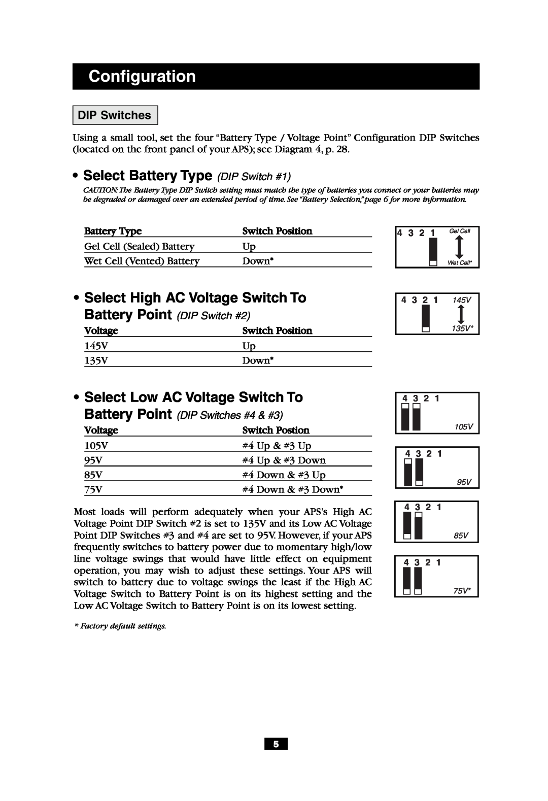 Tripp Lite APS 612 Configuration, Select Battery Type DIP Switch #1, Select High AC Voltage Switch To, DIP Switches 