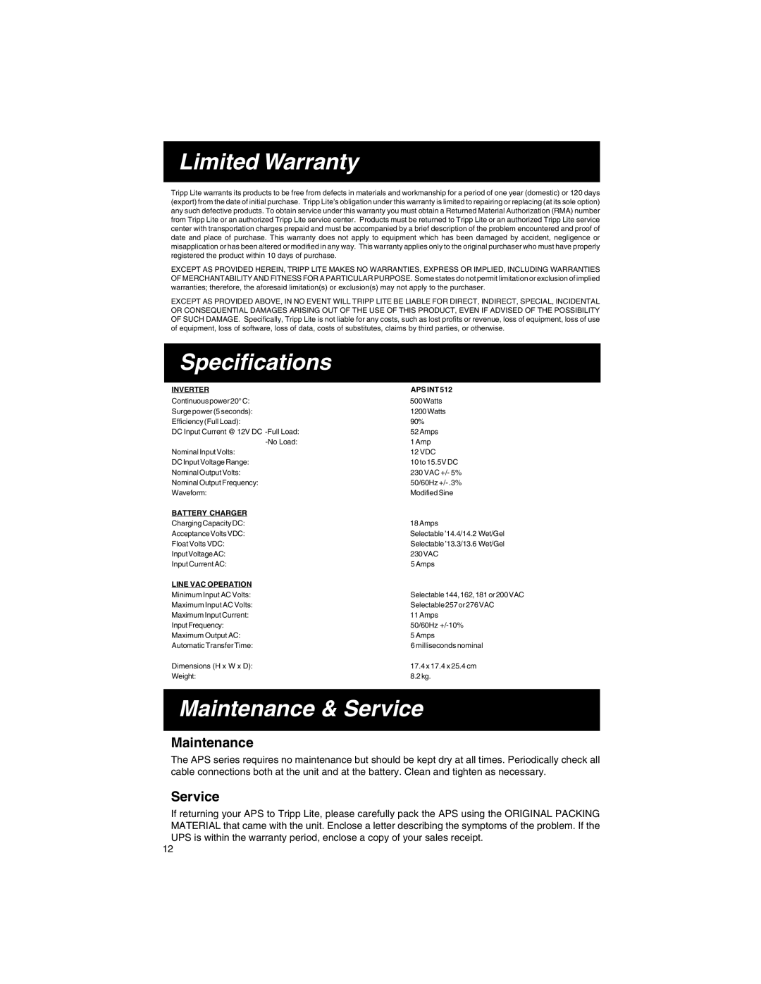 Tripp Lite APS INT 512 owner manual Limited Warranty, Specifications, Maintenance & Service 