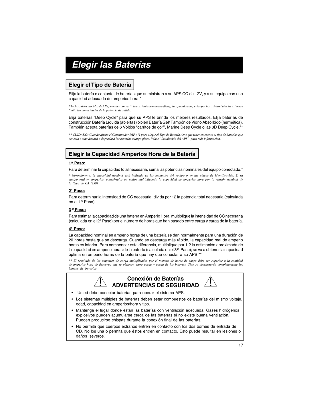 Tripp Lite APS INT 512 Elegir las Baterías, Elegir el Tipo de Batería, Elegir la Capacidad Amperios Hora de la Batería 