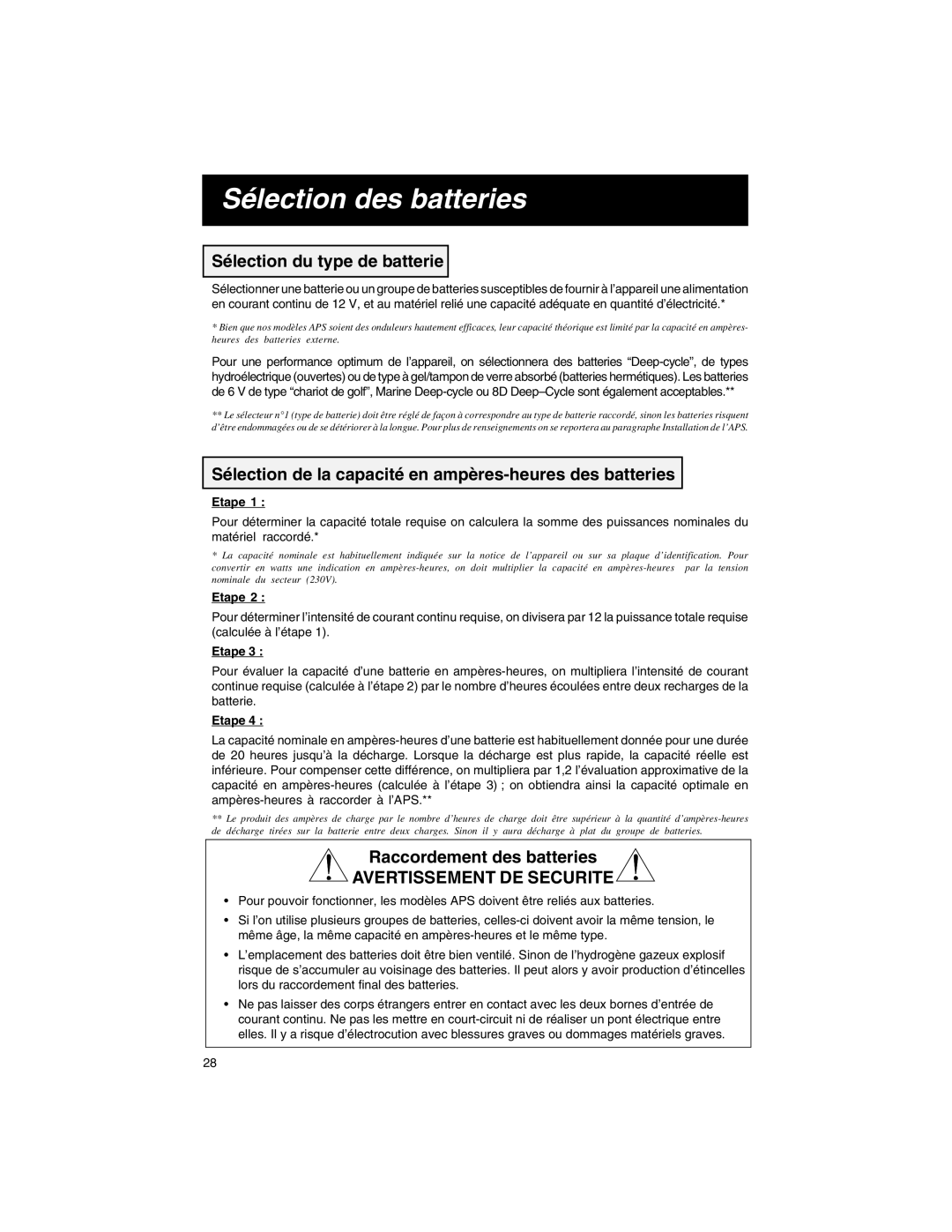 Tripp Lite APS INT 512 Sélection des batteries, Sélection du type de batterie, Raccordement des batteries, Etape 