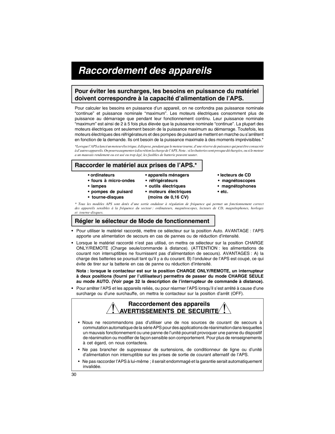 Tripp Lite APS INT 512 Raccordement des appareils, Raccorder le matériel aux prises de l’APS, Lampes Outils électriques 