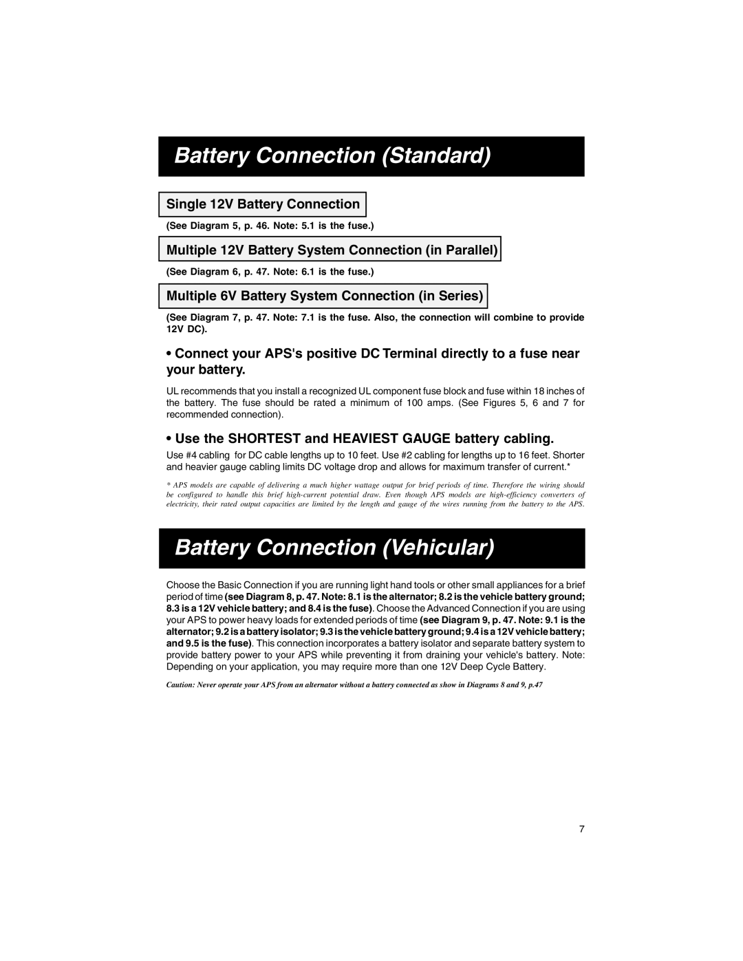 Tripp Lite APS INT 512 owner manual Battery Connection Standard, Battery Connection Vehicular 