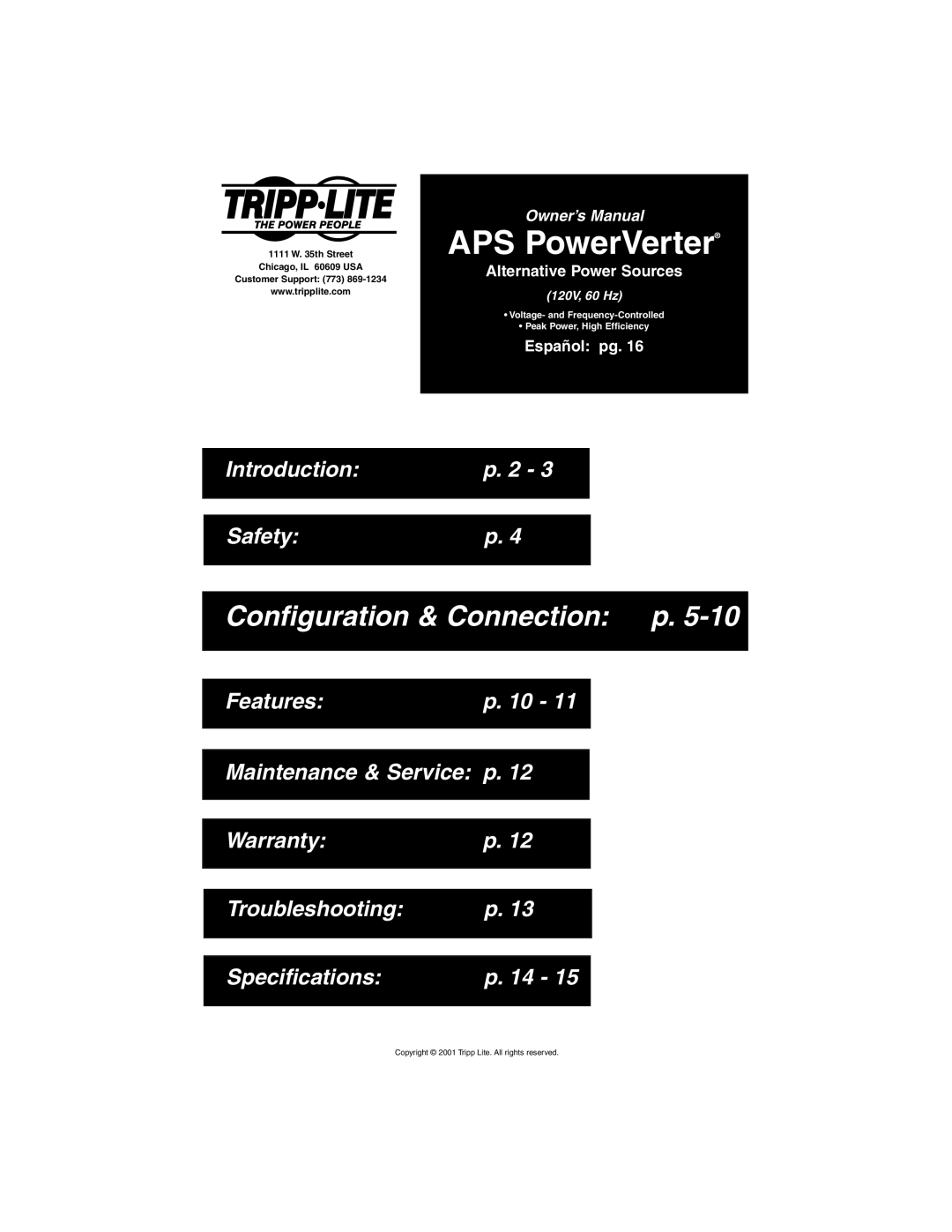 Tripp Lite APS PowerVerter warranty Configuration & Connection p 