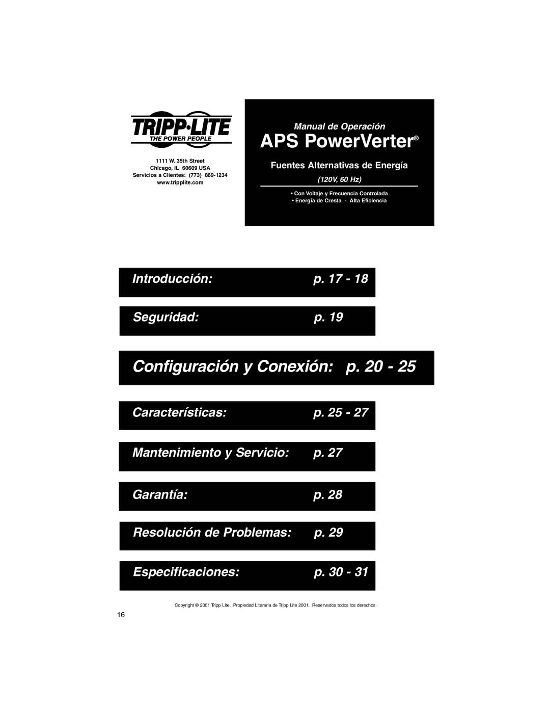 Tripp Lite APS PowerVerter warranty Configuración y Conexión p 