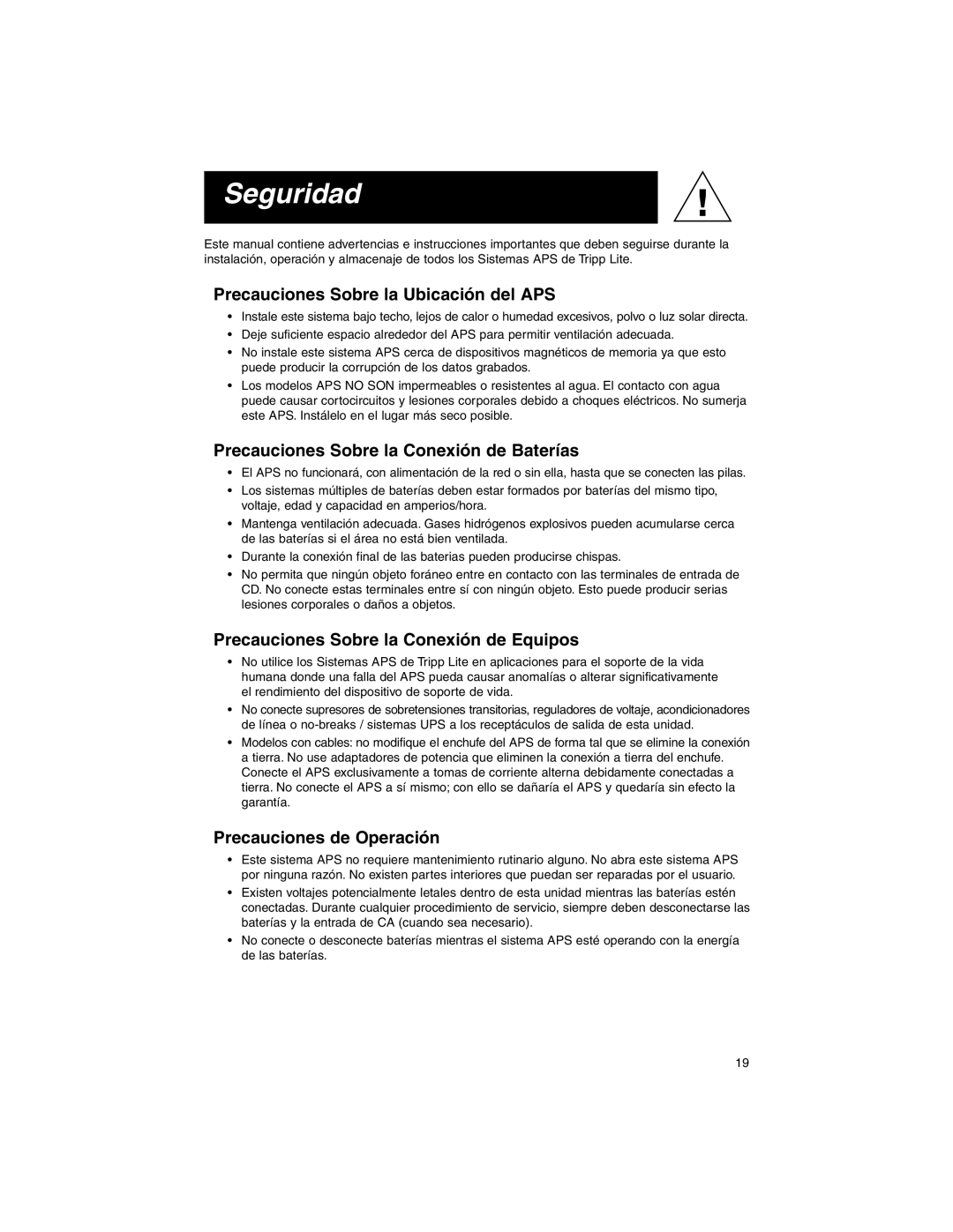 Tripp Lite APS PowerVerter Seguridad, Precauciones Sobre la Ubicación del APS, Precauciones Sobre la Conexión de Baterías 