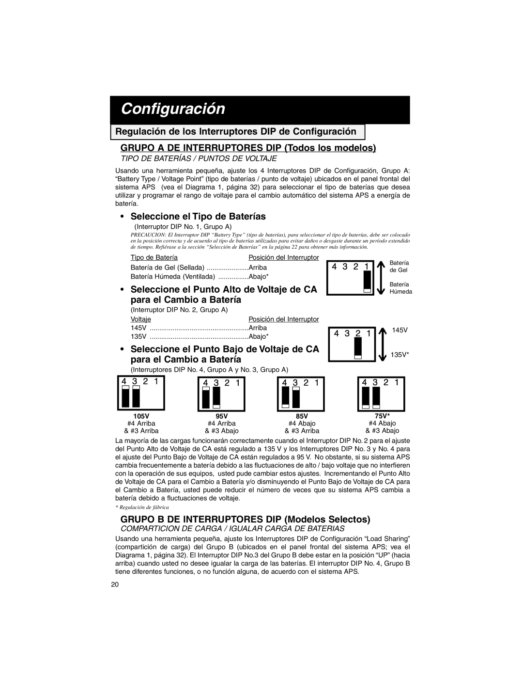 Tripp Lite APS PowerVerter Configuración, Seleccione el Tipo de Baterías, Grupo B DE Interruptores DIP Modelos Selectos 