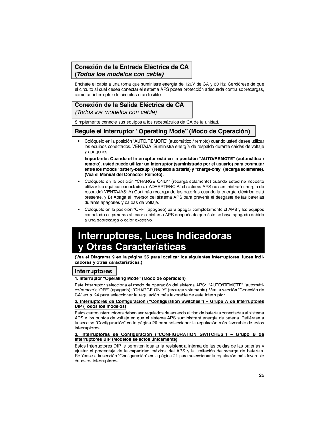 Tripp Lite APS PowerVerter Conexión de la Salida Eléctrica de CA, Regule el Interruptor Operating Mode Modo de Operación 