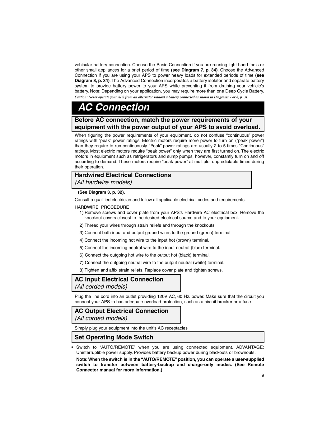 Tripp Lite APS PowerVerter warranty AC Connection, Hardwired Electrical Connections, AC Input Electrical Connection 