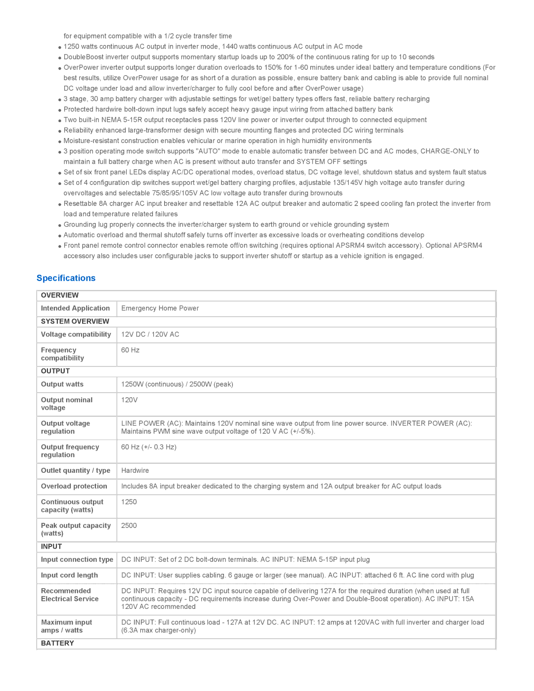 Tripp Lite APS1250F owner manual Specifications 