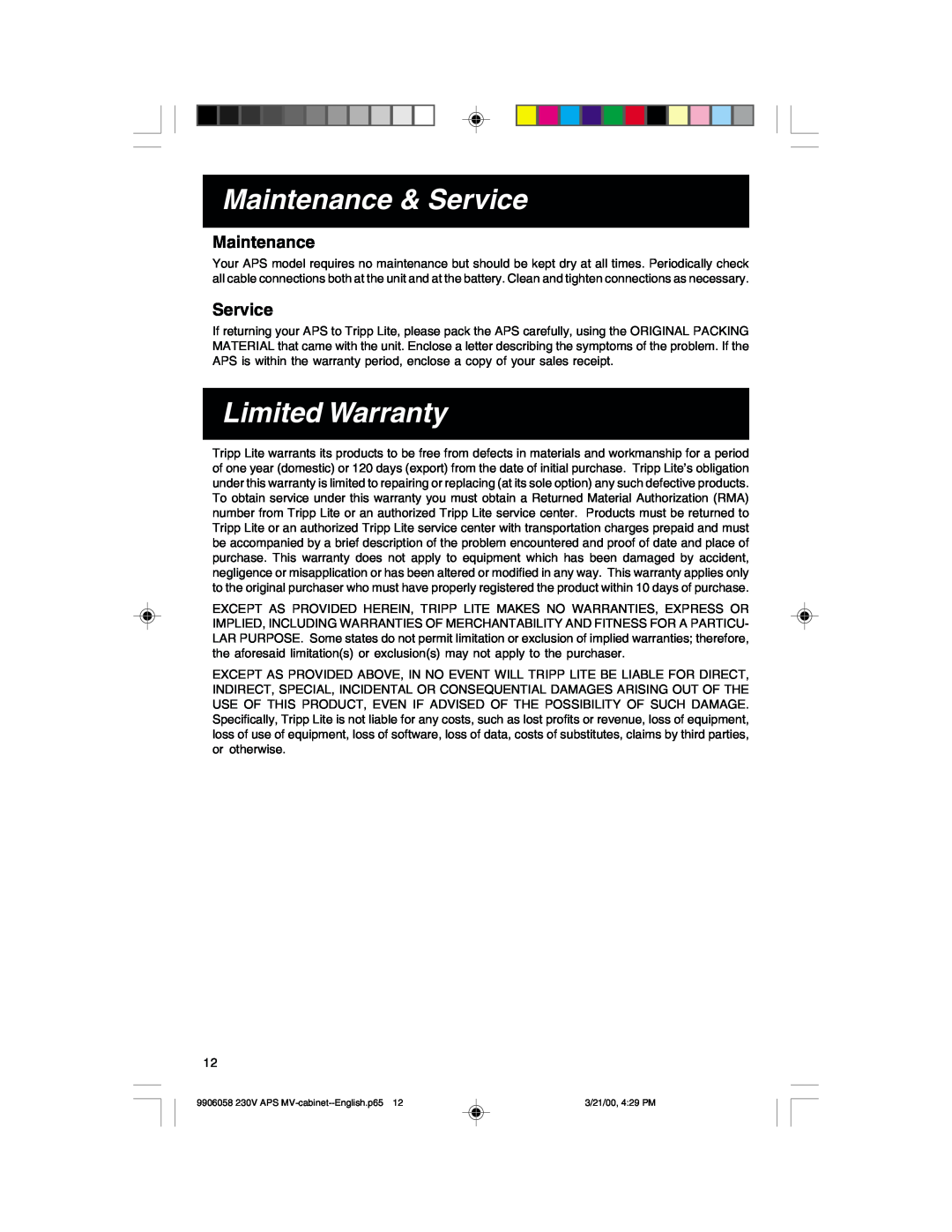 Tripp Lite APS2012INT, APS1024INT, APS2424INT owner manual Maintenance & Service, Limited Warranty 