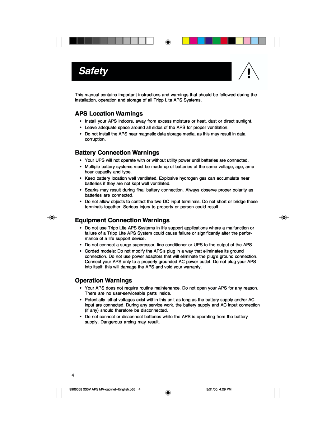 Tripp Lite APS2012INT Safety, APS Location Warnings, Battery Connection Warnings, Equipment Connection Warnings 