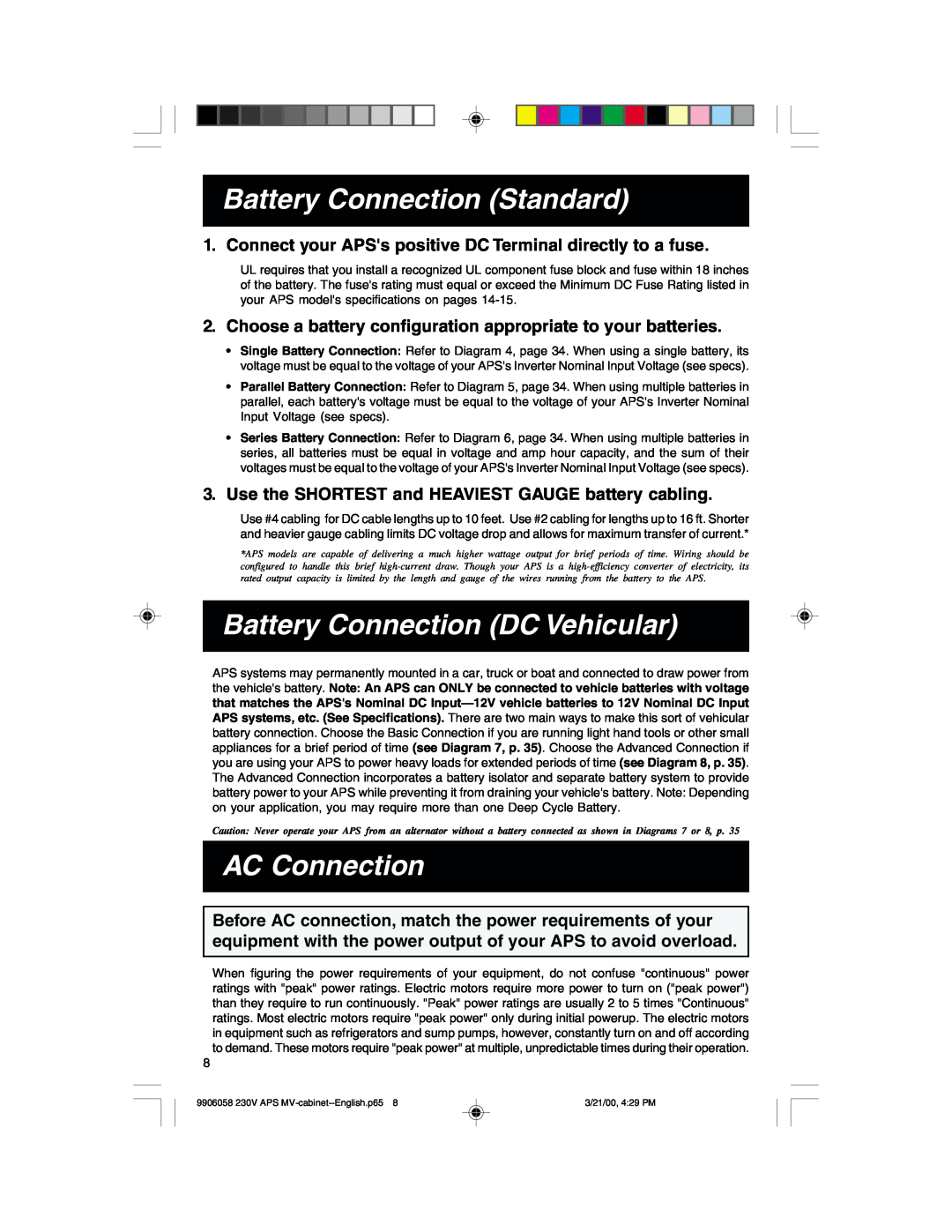 Tripp Lite APS2012INT, APS1024INT, APS2424INT Battery Connection Standard, Battery Connection DC Vehicular, AC Connection 