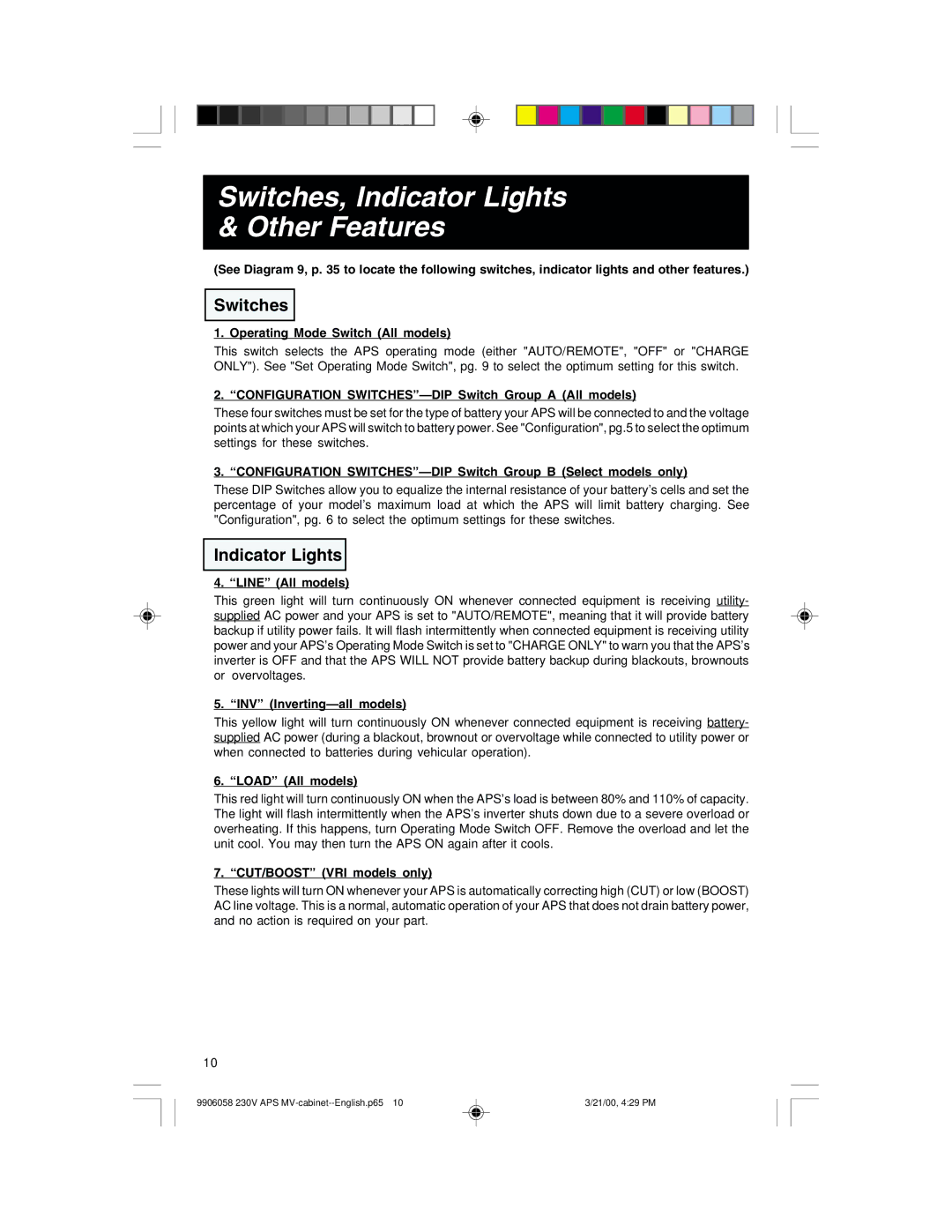 Tripp Lite APS2424INT, APS2012INT, APS1024INT owner manual Switches, Indicator Lights Other Features 