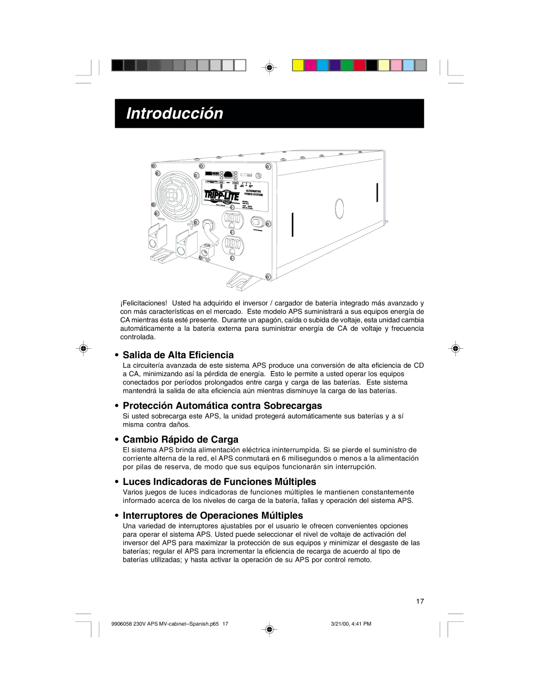 Tripp Lite APS 912 INT, APS2424INT, APS1024INT, APS3636VRI, APS2012INT owner manual Introducción 