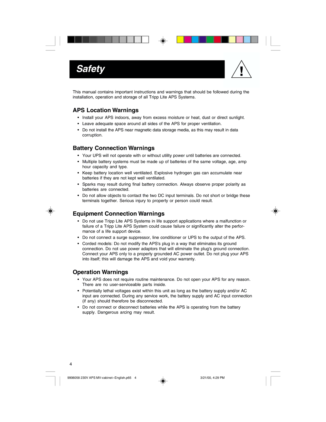 Tripp Lite APS2012INT Safety, APS Location Warnings, Battery Connection Warnings, Equipment Connection Warnings 