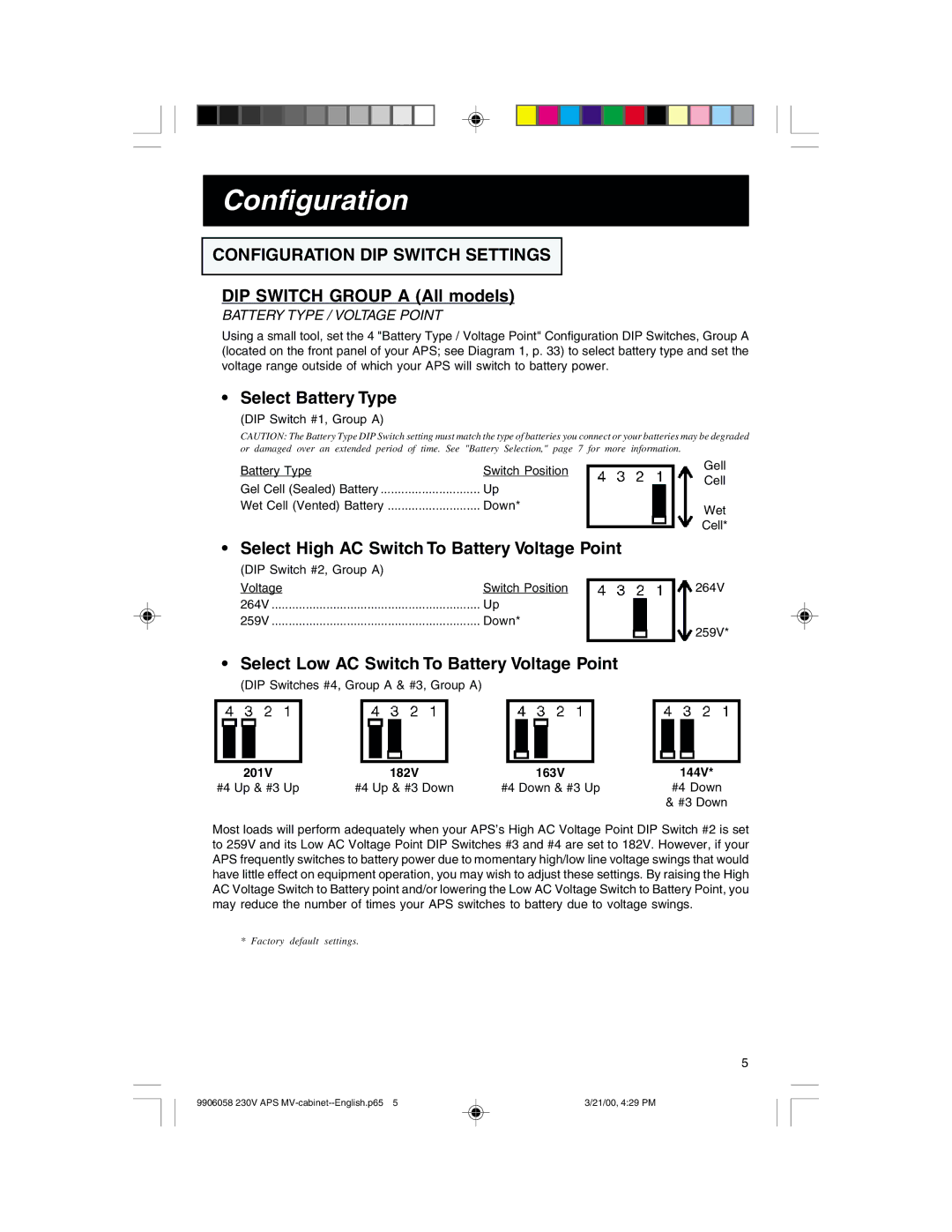 Tripp Lite APS1024INT, APS2012INT, APS2424INT owner manual Configuration, DIP Switch Group a All models, Select Battery Type 