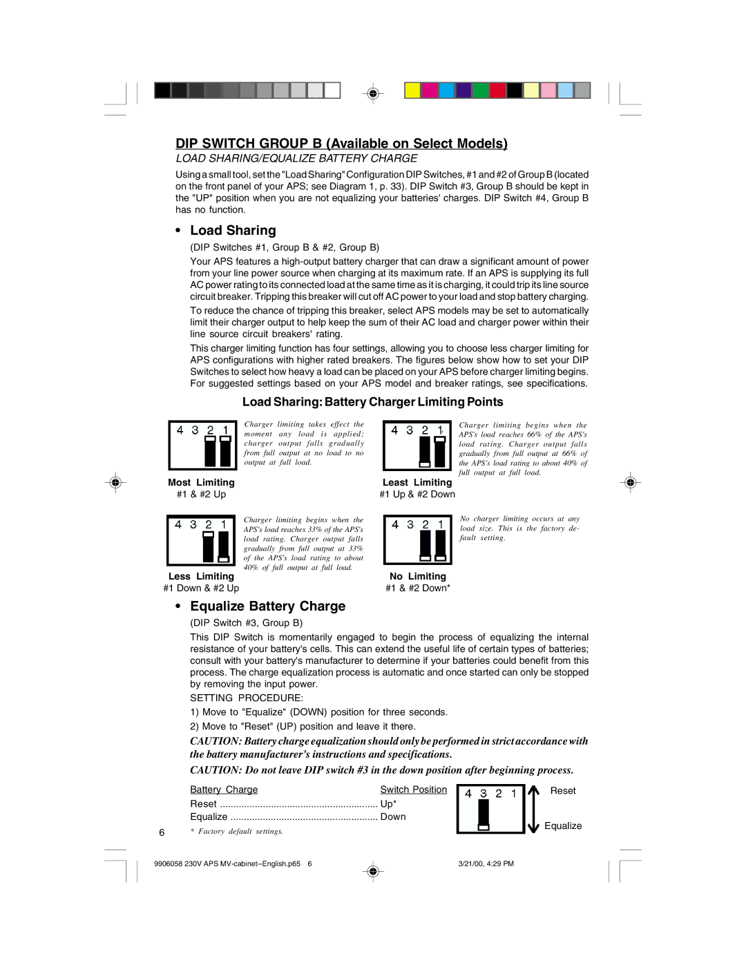 Tripp Lite APS2424INT, APS2012INT DIP Switch Group B Available on Select Models, Load Sharing, Equalize Battery Charge 