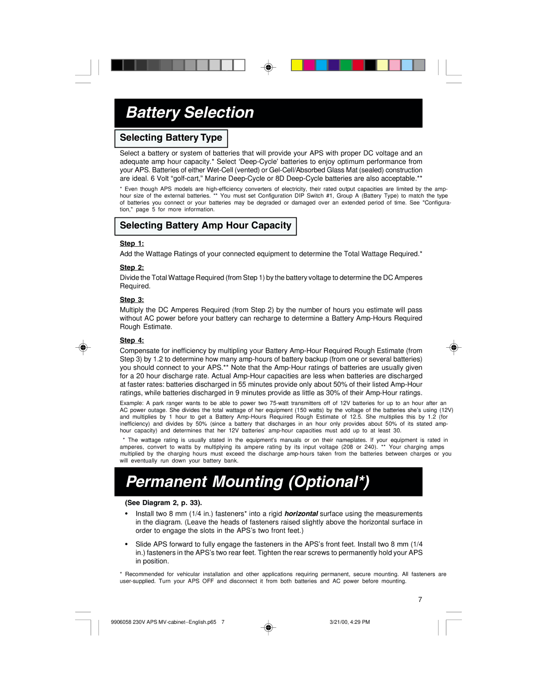 Tripp Lite APS 912 INT, APS2424INT, APS1024INT, APS3636VRI, APS2012INT Battery Selection, Permanent Mounting Optional 