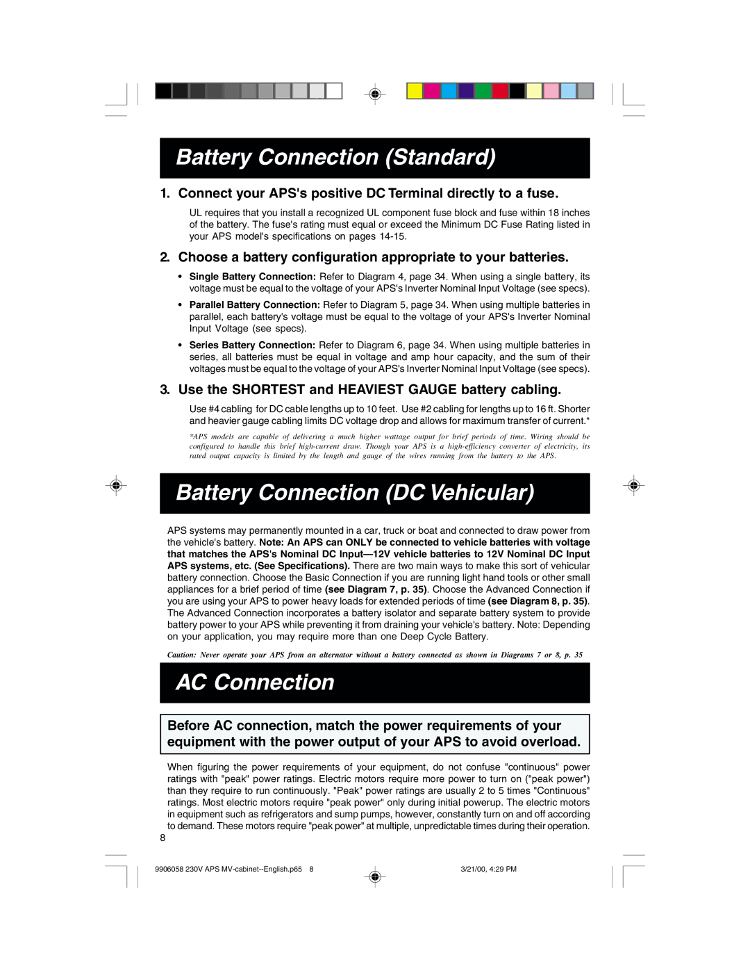 Tripp Lite APS2012INT, APS1024INT, APS2424INT Battery Connection Standard, Battery Connection DC Vehicular, AC Connection 