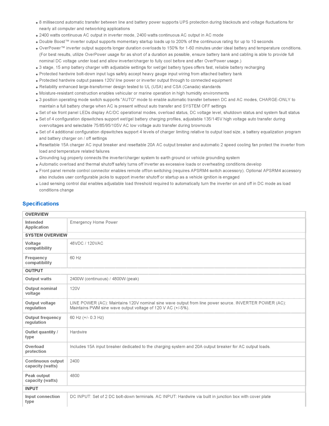 Tripp Lite APS2448UL owner manual Specifications, System Overview, Output, Input 